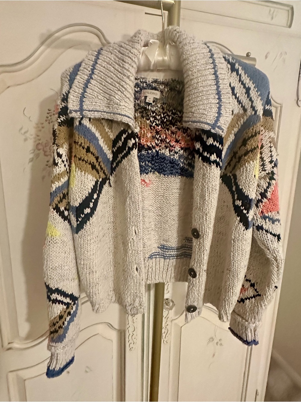 Pilcro Anthropologie Cream Patterned Shawl Collar Sweater Cardigan